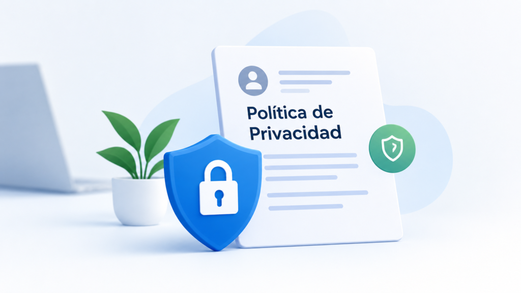 Blue shield with a padlock in front of a Privacy Policy document, with a plant and a laptop in the background