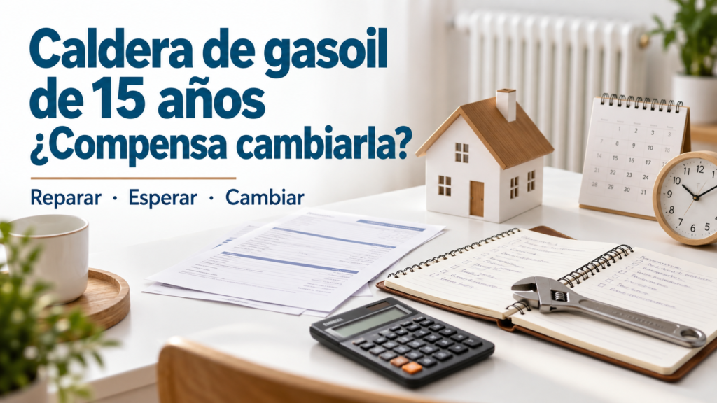 Caldera de gasoil de 15 años con documentos y calculadora para decidir si reparar o cambiar a aerotermia