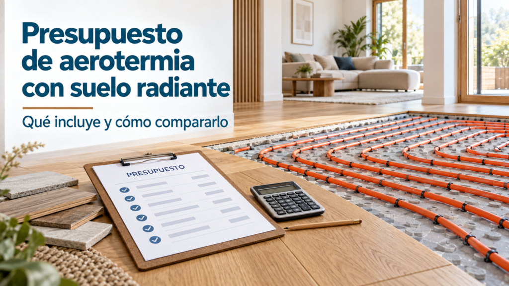 Presupuesto de aerotermia con suelo radiante, calculadora y sistema de calefacción instalado en vivienda