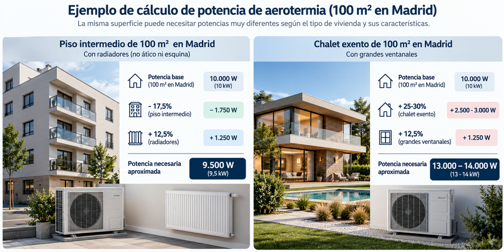 Ejemplo de cálculo de potencia de aerotermia para una vivienda de 100 m² en Madrid, comparando un piso intermedio con radiadores de 9,5 kW frente a un chalet exento con grandes ventanales de 13 a 14 kW.
