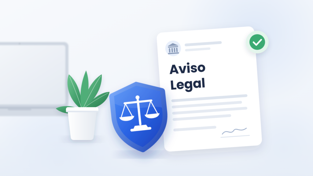 Escudo azul con una balanza de la justicia delante de un documento de Aviso Legal, con una planta y un portátil al fondo